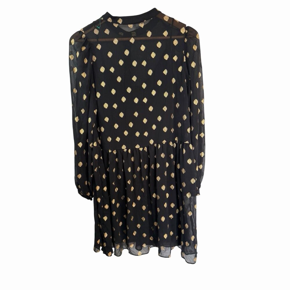H&M Black Gold Metallic Dot Chiffon Dress M Puff Sleeve Babydoll Holiday Party